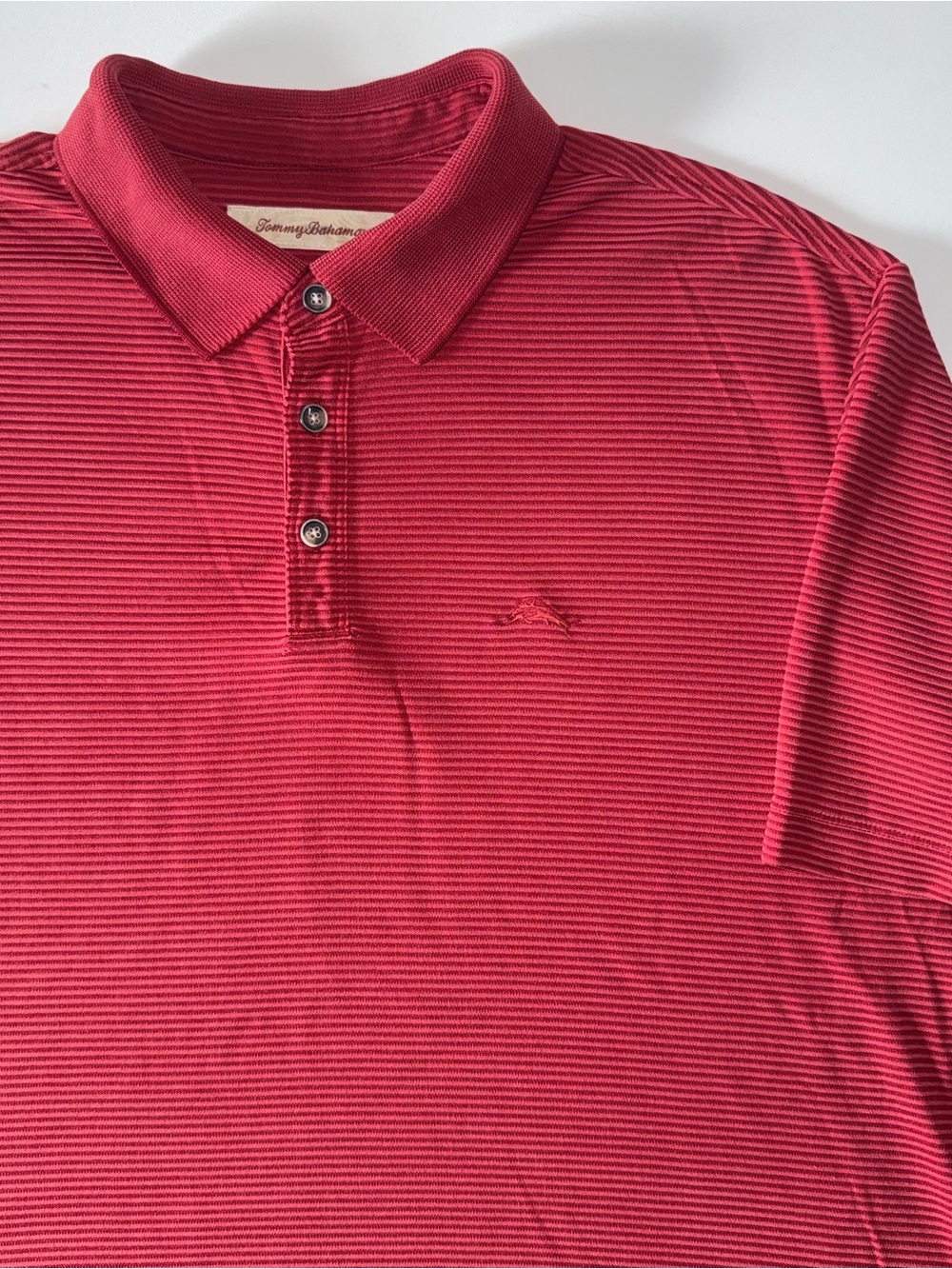 Tommy Bahama Men's L Polo Shirt Red Striped Golf Swordfish Logo